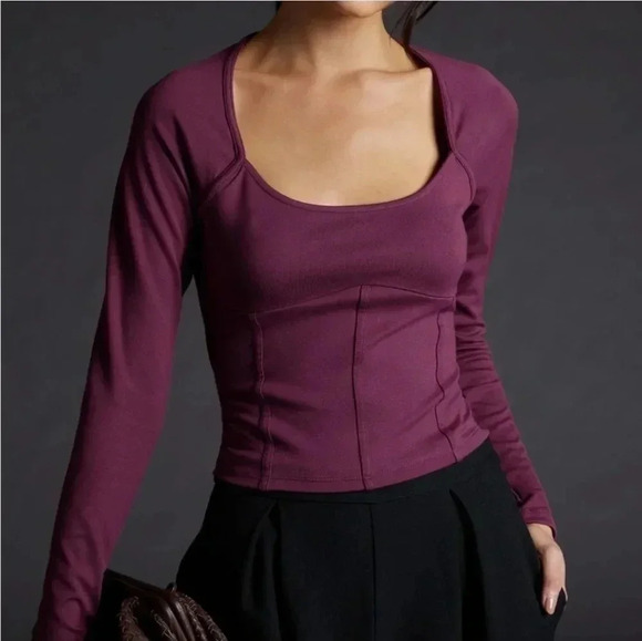 Anthropologie Maeve Ponte Corset Slightly Cropped Long Sleeve Top(S) - Picture 1 of 11